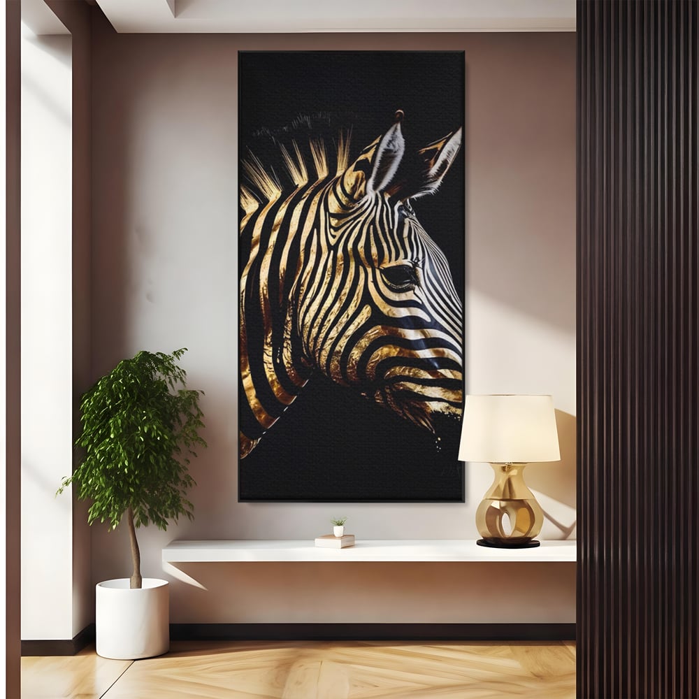 Tablou canvas cu tablou canvas cu cap de zebra aurie, in rama de aluminiu negru